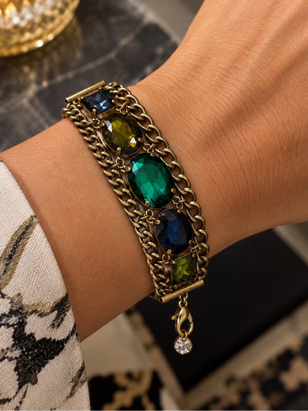 Gold-Tone Bracelet with Green and Blue Oval Crystals